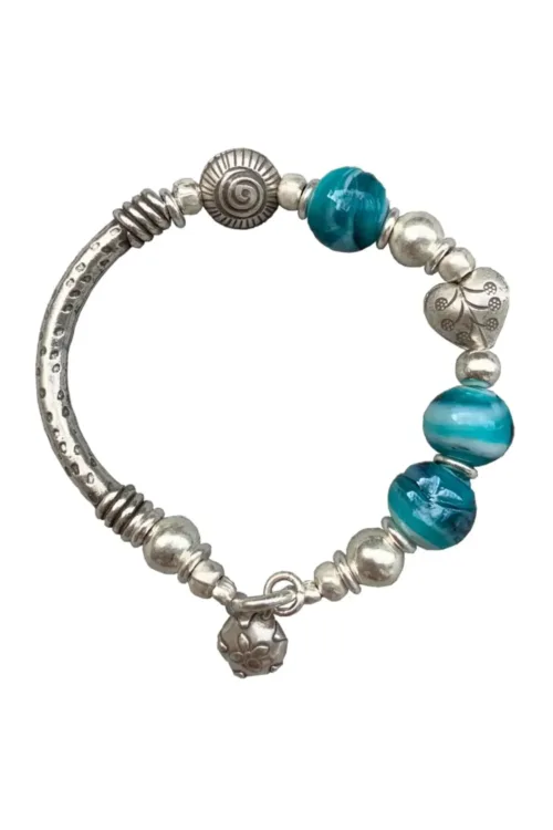 ocean inspired chunky pure silver bracelet with pearlised blue lamp work beads - perfect for a bracelet stack - ocean safe