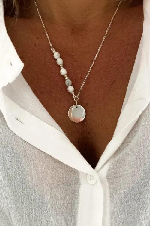 handmade sterling silver necklace with white howlite gemstone and sterling silver disc pendant ocean safe