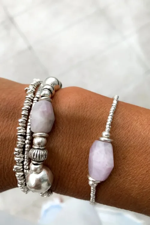 pure silver bracelet with kunzite gemstone- looks great in a bracelet stack - tug proof perfect for mums- ocean safe