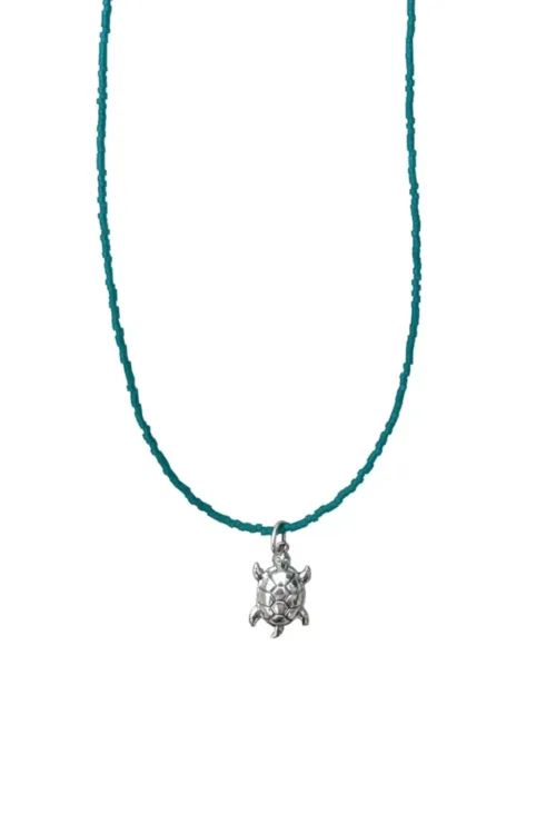 seed bead short necklace with large sterling silver sea turtle pendant handmade in australia