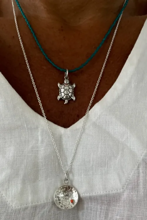 seed bead short necklace with large sterling silver sea turtle pendant handmade in australia
