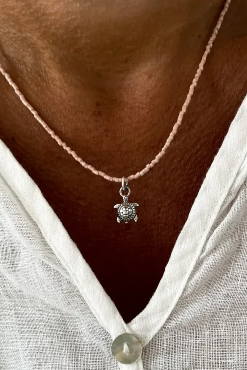 seed bead short necklace with small sterling silver sea turtle pendant handmade in australia