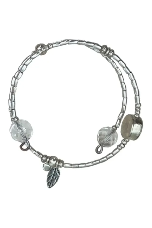 memory wire double wrap bracelet with pure silver and crystal quartz gemstone. Customisable charm pendant