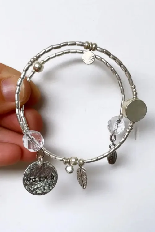 memory wire double wrap bracelet with pure silver and crystal quartz gemstone. Customisable charm pendant