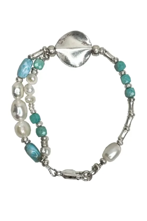 gemstone and silver women's bracelet. featuring amazonite, Larimar, pearl and silver. ocean inspired silver jewellery