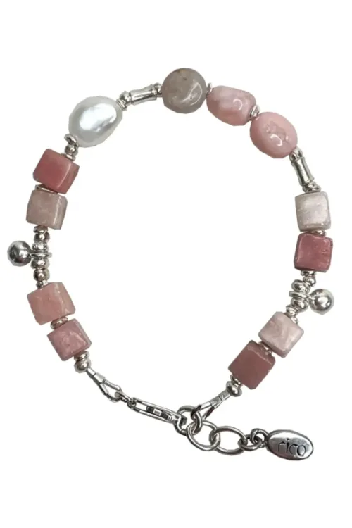 pink opal gemstone and silver women's bracelet. looks great worn by itself or in a bracelet stack.