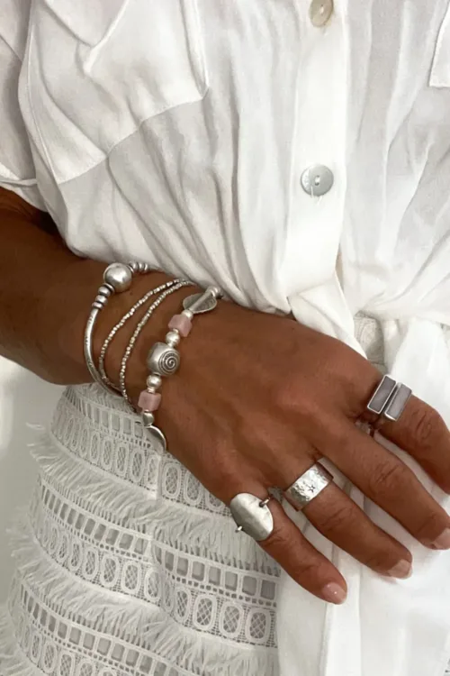 chunky pure silver bracelet with cubed pink opal. women's bracelet ocean safe