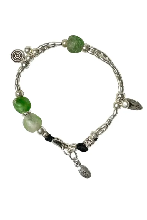 pure silver bracelet with green recycled glass beads. perfect for a bracelet stack and ocean safe