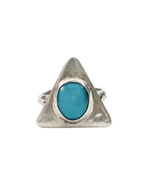 handmade sterling silver ring with large silver triangle and Kingman turquoise gemstone. Handmade in Sydney Australia. Bohemian style and ocean safe.