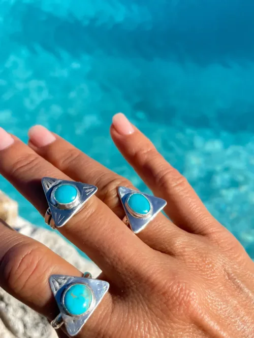 handmade sterling silver ring with large silver triangle and Kingman turquoise gemstone. Handmade in Sydney Australia. Bohemian style and ocean safe.