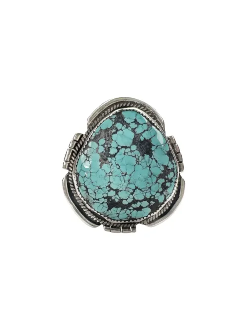 bohemian style large turquoise handmade sterling silver ring. with wide sterling silver ring shank. Ocean safe