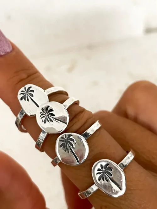 palm tree sterling silver stack ring handmade in australia ocean safe. Beach vibes island girl jewellery.