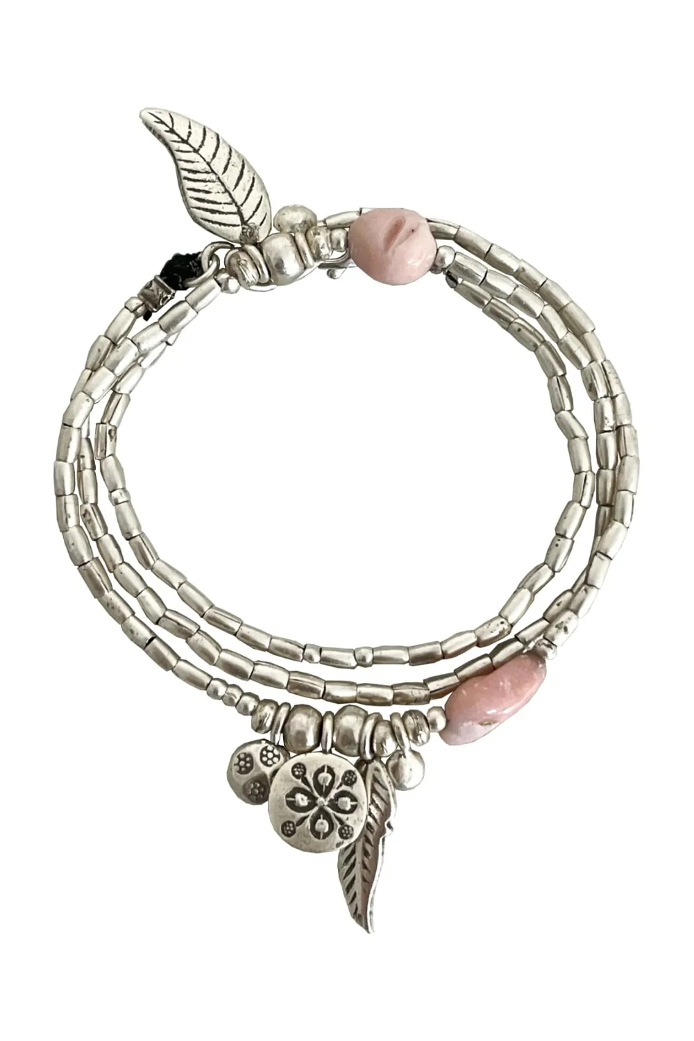 ocean inspired silver jewellery. Pure silver wrap bracelet with silver charms and pink opal gemstone - for a beach vibes look- water safe for everyday wear. 3 styles in 1