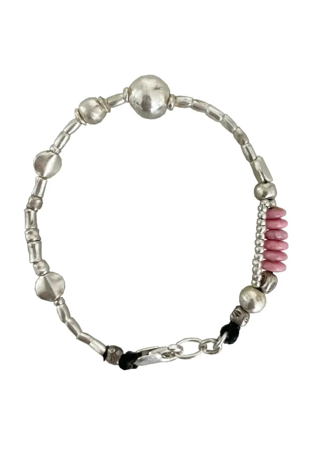 pure silver bracelet with ball bead centre and glass bead pink colour pop. ocean safe silver jewelry