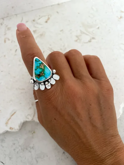 large Sonoran turquoise gemstone silver ring. handmade in Sydney Australia. A true feature ring. Bohemian style ring