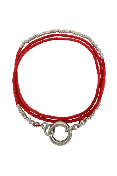 Handmade pure silver wrap bracelet featuring red colour seed beads – a great minimal wrap bracelet style for everyday wear