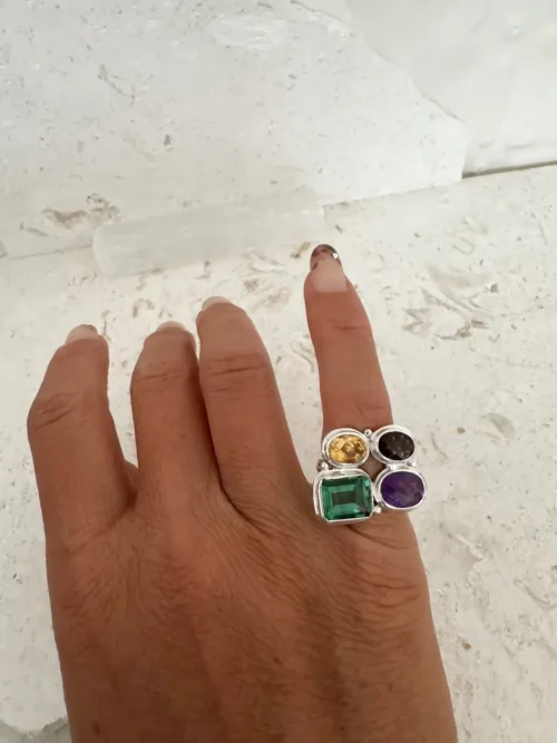 multi stone faceted gemstone silver ring ocean safe. amethyst emerald smokey quartz and citrine gemstone