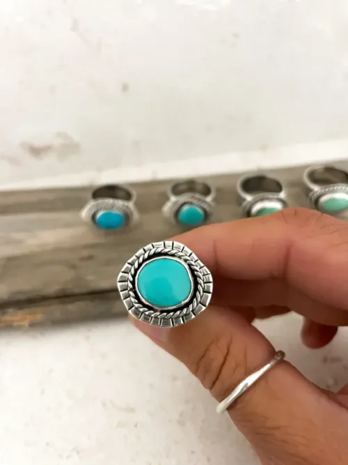 blue turquoise silver disc ring handmade in australia wide ring shank ocean safe