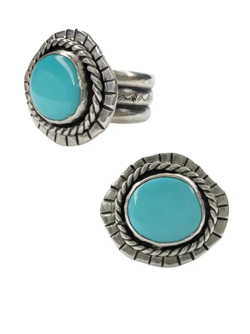 blue turquoise silver disc ring handmade in australia wide ring shank ocean safe