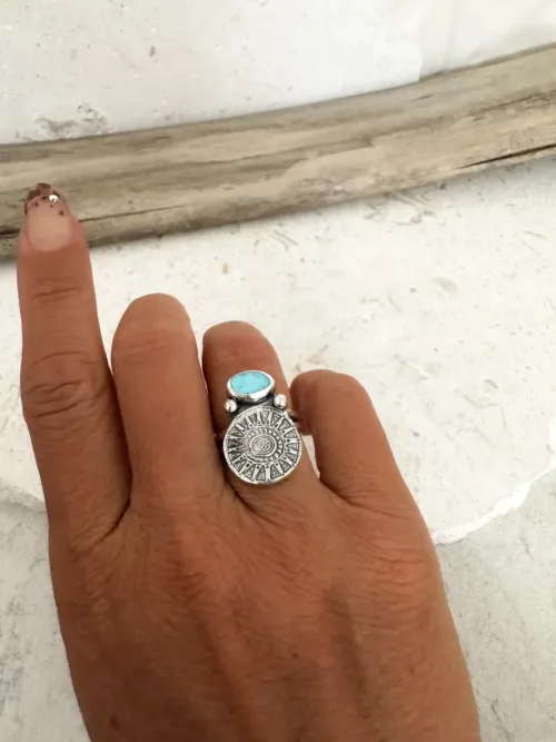 tribal silver round disc with small blue turquoise handmade sterling silver ring ocean safe