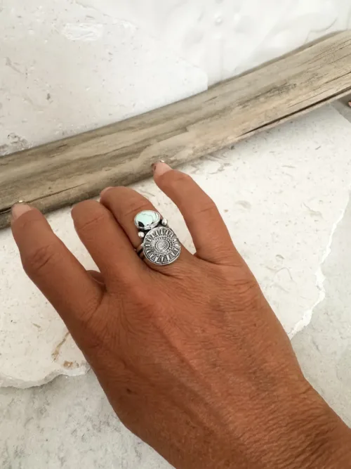 tribal silver round disc with small green variscite gemstone. Handmade sterling silver ring ocean safe