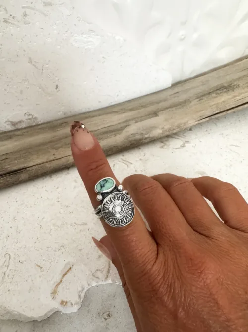 tribal silver round disc with small green variscite gemstone. Handmade sterling silver ring ocean safe