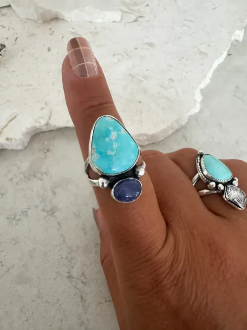 turquoise and purple tanzanite gemstone handmade sterling silver ring. Bohemian style