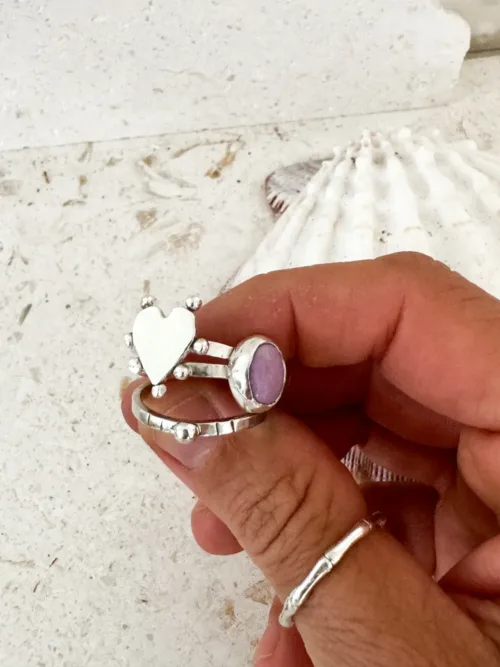 Phosphosiderite gemstone 3 ring set stack rings. Silver handout heart ring. Sterling silver ocean safe. Style them together, with other stack rings or by themselves