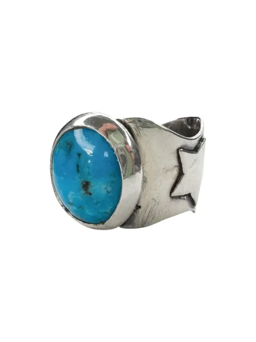 handmade chunky turquoise ring set in sterling silver with handcut stars ocean safe