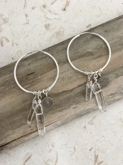 Handmade sterling silver hoop earrings with crystal quartz tassel– Add style to any outfit