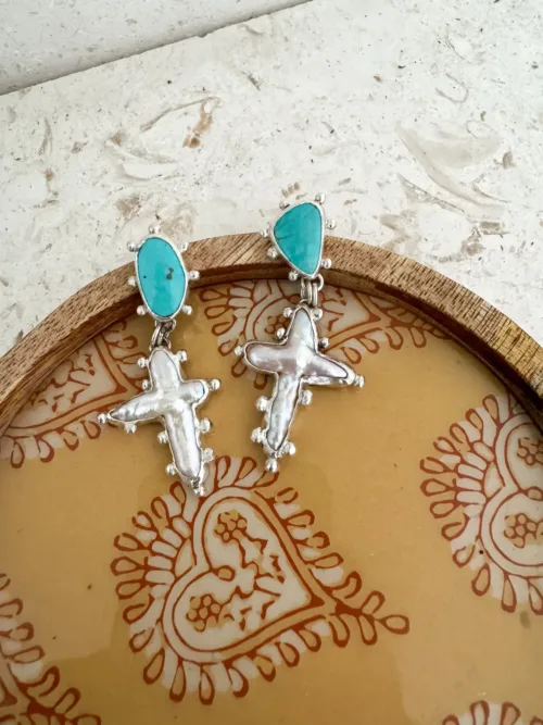 turquoise stud earrings with freshwater pearl cross - handmade by Rico Designs Silver Jewellery