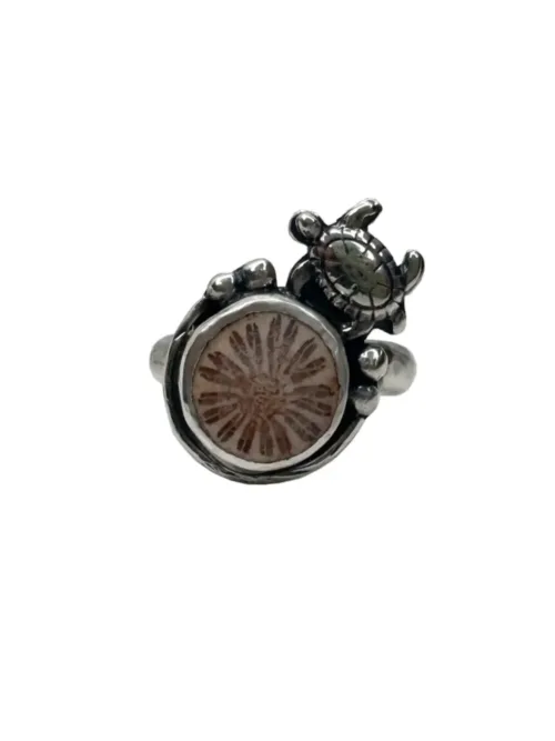 handmade sterling silver fossilised coral ring. with sterling silver sea turtle. Inspired by the ocean. Unique jewellery