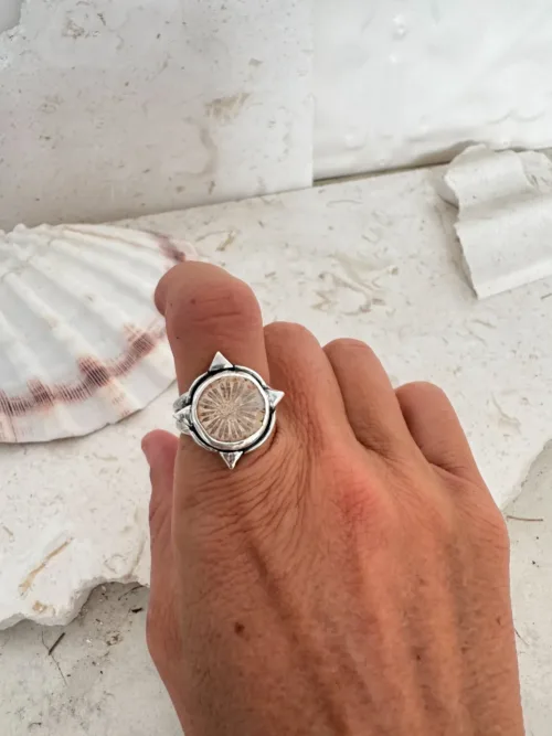 handmade sterling silver ring with fossilised coral. Unique one of a kind rings.