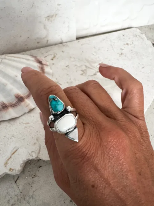 handmade sterling silver ring with natural turquoise and white buffalo gemstone one of a kind jewellery