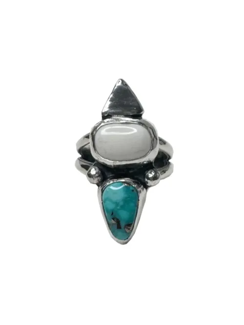 handmade sterling silver ring with white water turquoise and white buffalo gemstone. Boho style 2 gemstone ring.