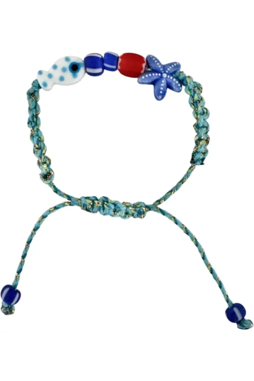 fish macrame bracelet adjustable colourful blue cord. perfect to add colour to a bracelet stack this summer.