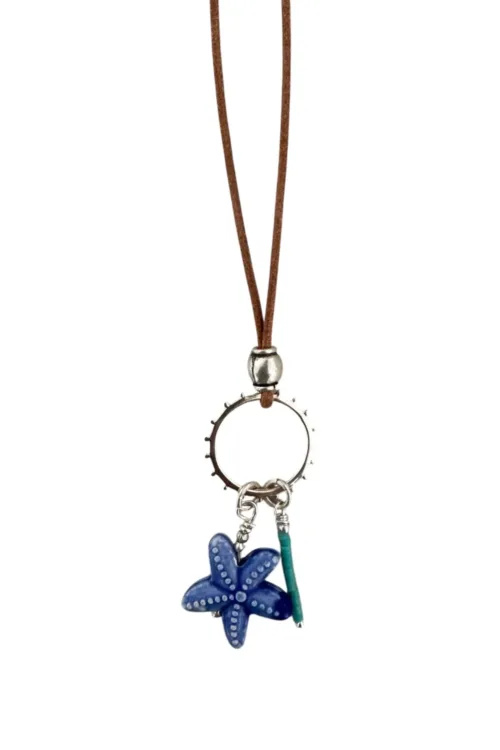 leather beachy bohemian style necklace with colourful starfish tassel pendant