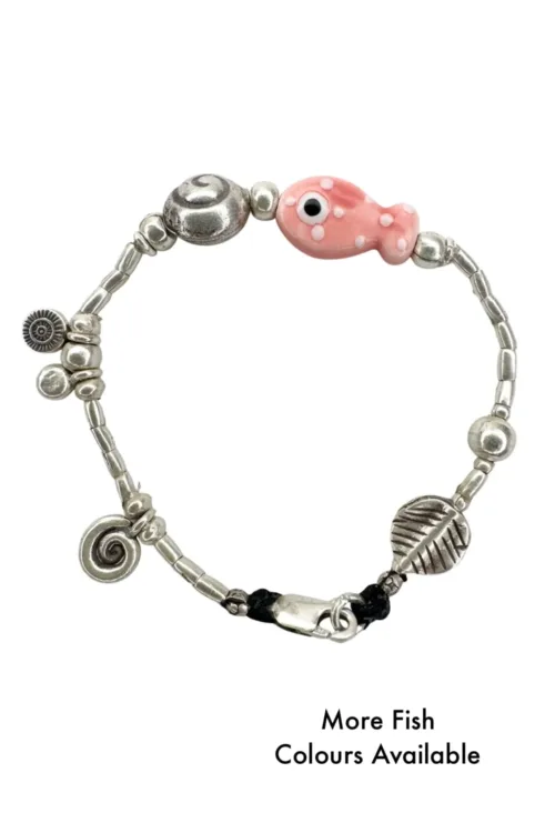 ocean inspired summer style silver bracelet with ceramic fish water safe more colours