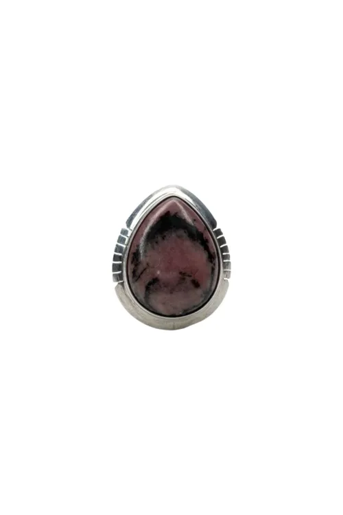 pink rhodonite gemstone ring with silver split shank. Bohemian style silver ring