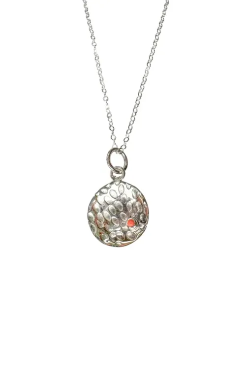 concave silver disc pendant with peach coral necklace on fine sterling silver chain. Handmade in Sydney Australia. Ocean Safe