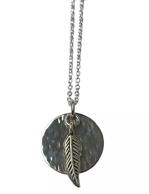 sterling silver disc pendant necklace on sterling silver chain with silver feather pendant handmade ocean safe-jewellery. Sunrise Silver Necklace