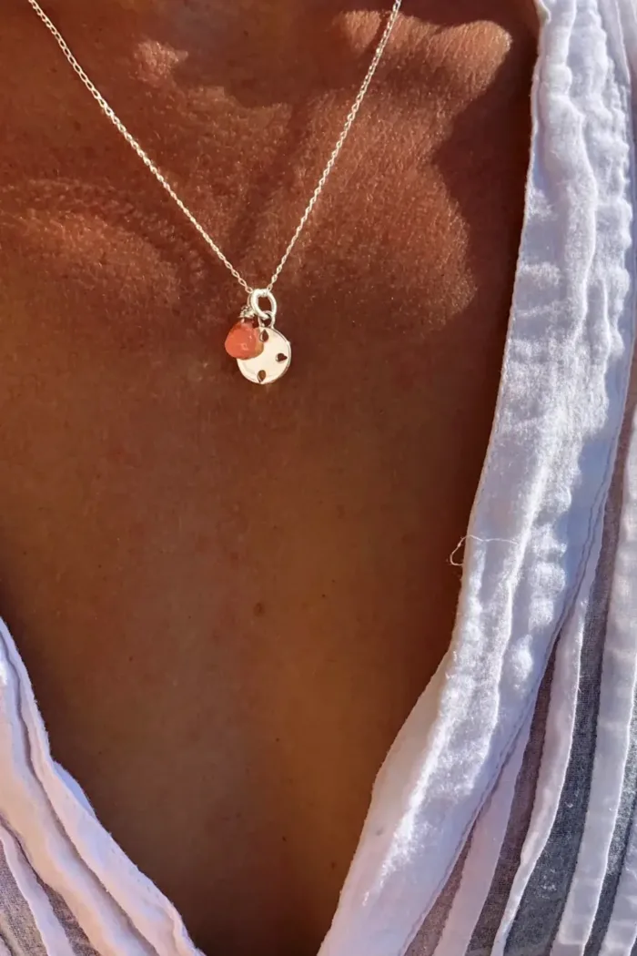 petite sterling silver round pendant on sterling silver chain with gemstone add on. handmade and ocean safe. Wear everyday