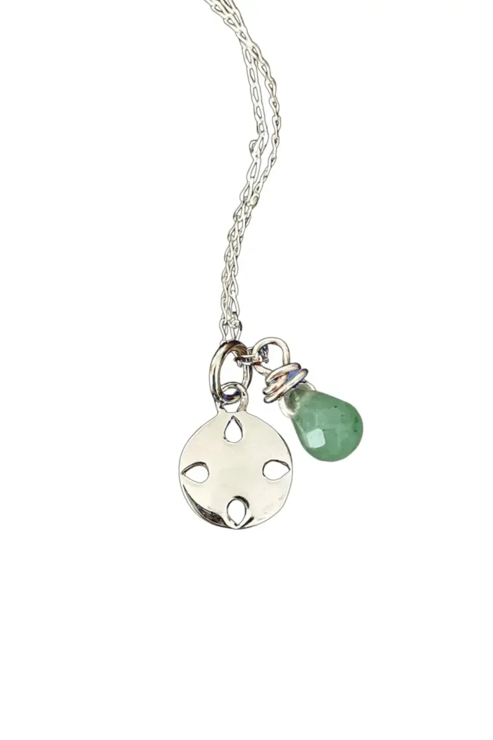 petite sterling silver round pendant on sterling silver chain with gemstone add on. handmade and ocean safe. Wear everyday