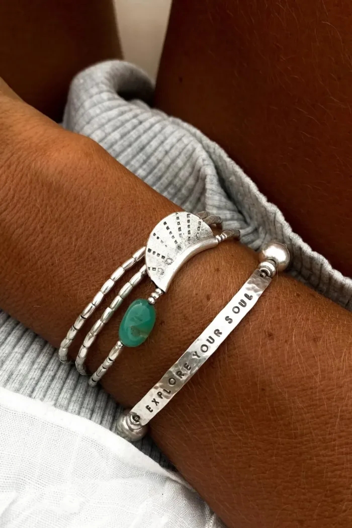 customisable hand stamped bracelet. sterling silver stretch bracelet for the active adventurer. water safe