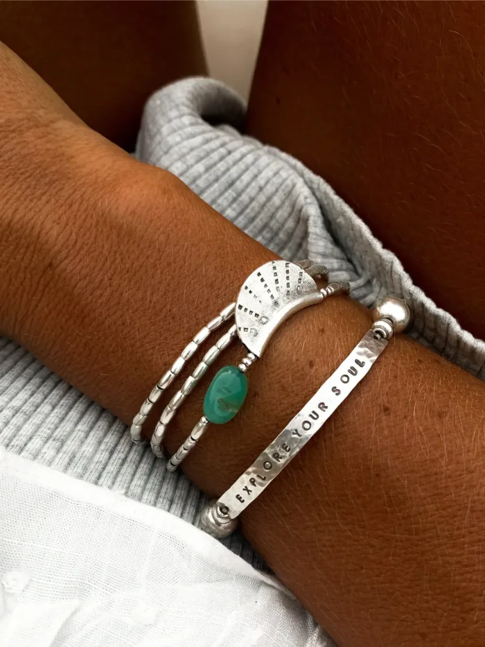 customisable hand stamped bracelet. sterling silver stretch bracelet for the active adventurer. water safe