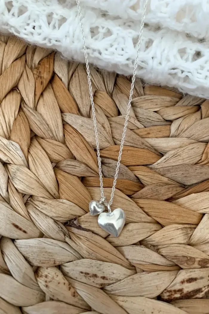 sterling silver 2 heart pendants on sterling silver chain ,animal style for everyday wear ocean safe