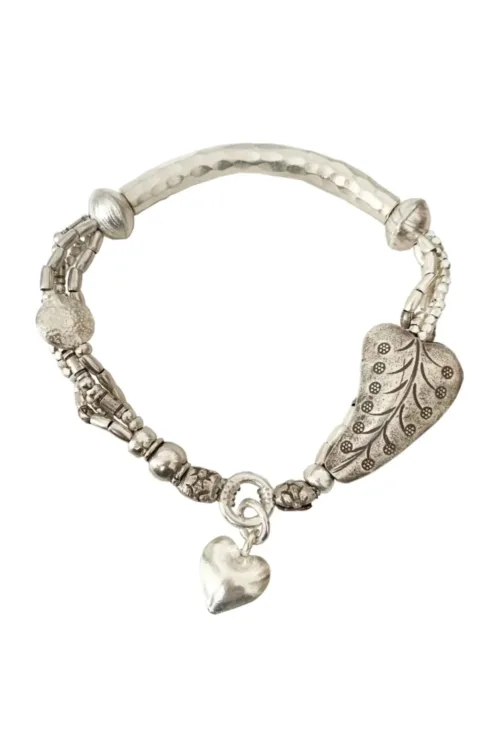 chunky pure silver heart bracelet. multi layer and on a stretch elastic so its easy to slip on. perfect for a bracelet stack. ocean safe