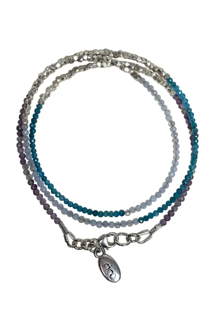 minimal style faceted gemstone colourful triple wrap bracelet with sterling silver