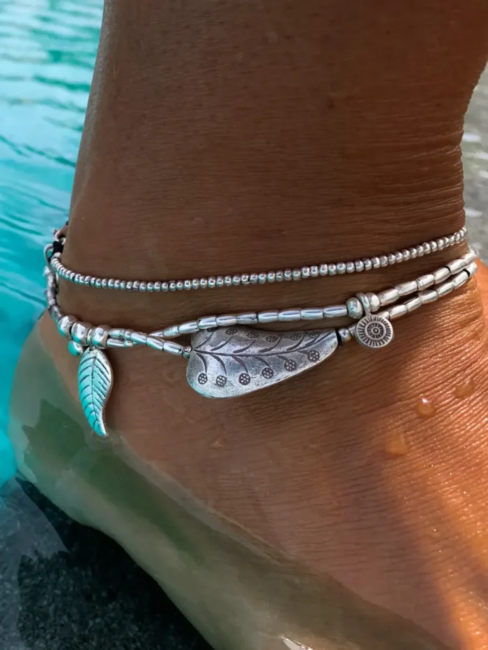 multi strand pure silver anklet with large silver heart bead. Instant anklet stack. ocean safe.