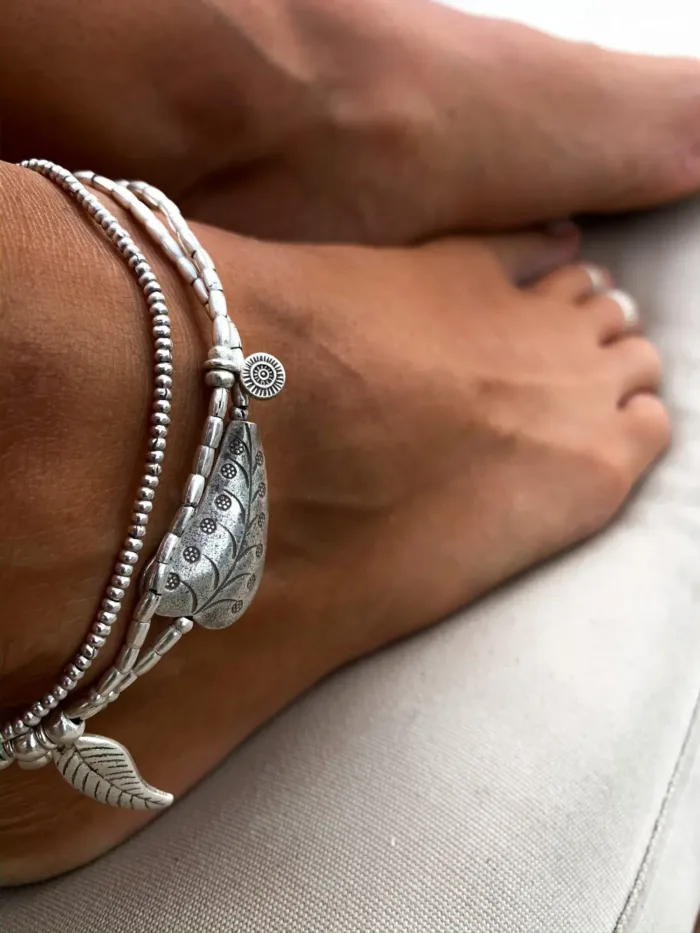 multi strand pure silver anklet with large silver heart bead. Instant anklet stack. ocean safe.